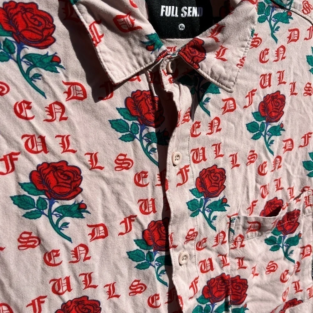 Men's Full Send Button-Down Shirt Multicolor Roses Spell-Out XL‎ Street Art City